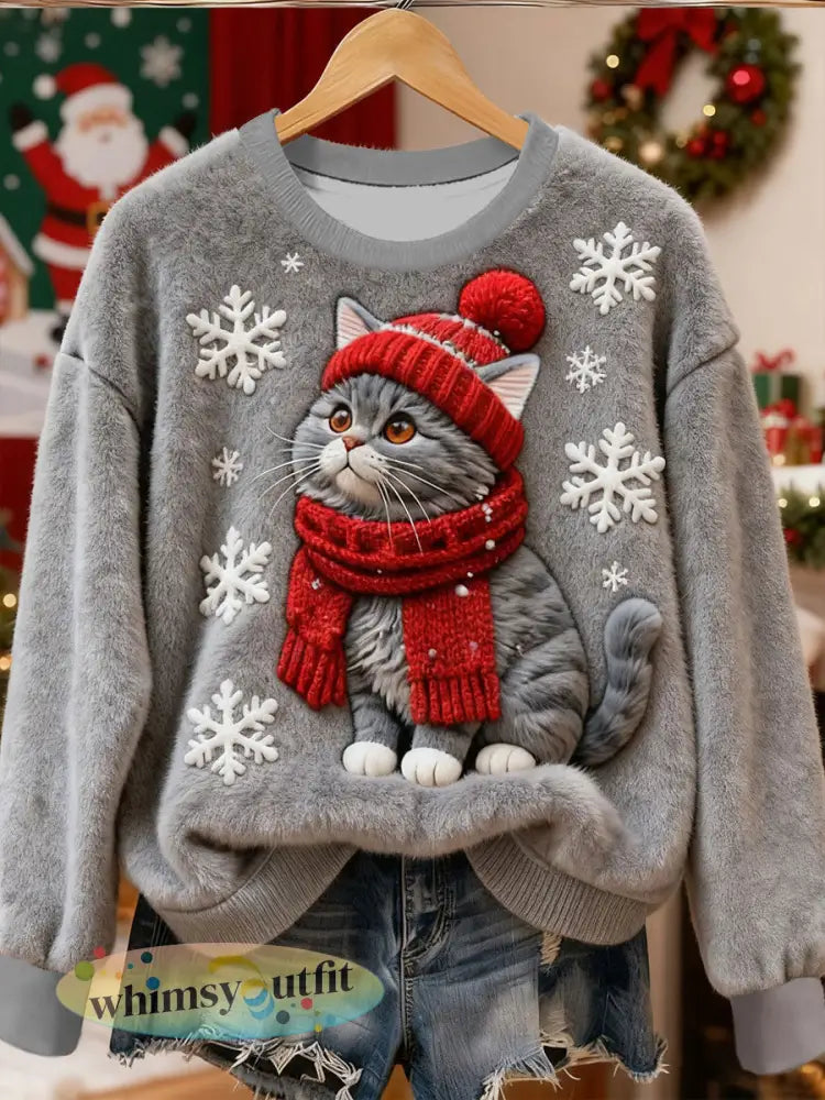 Dames schattig kerstkat kunstprint casual flanellen sweater - Grijs / S