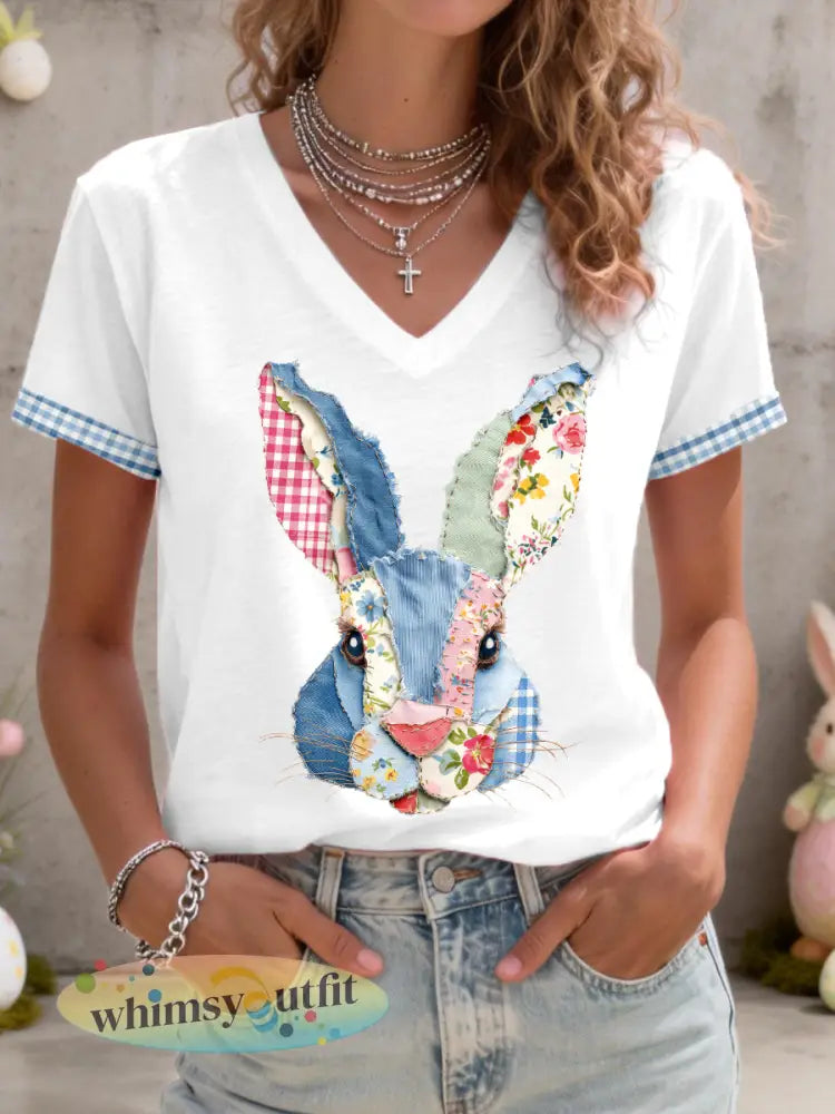 Dames schattig konijn patchwork-patroon t-shirt met v-hals - Wit / S