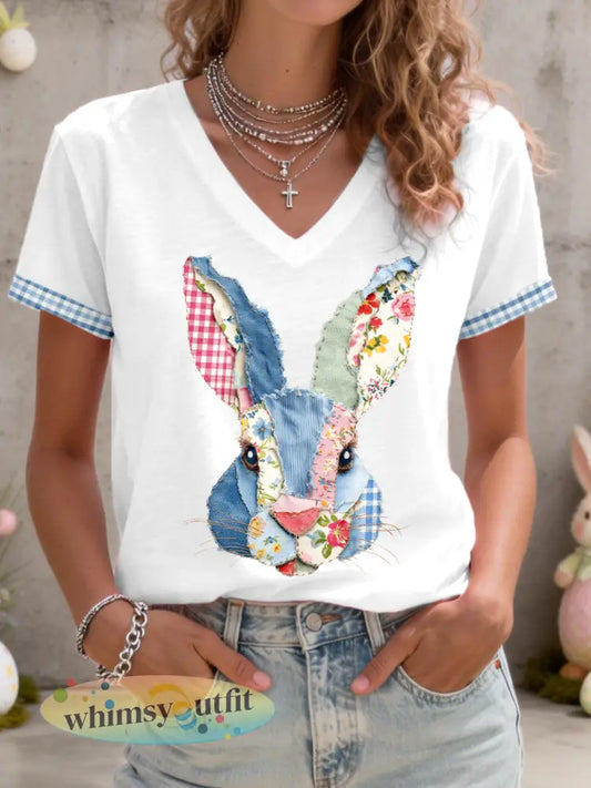 Dames schattig konijn patchwork-patroon t-shirt met v-hals - Wit / S
