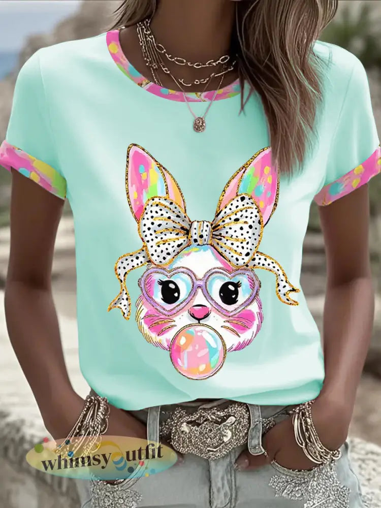 Dames schattige glitter paashaas Coquette T-shirt met korte mouwen - Blauwgroen / S