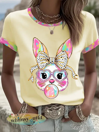Dames schattige glitter paashaas Coquette T-shirt met korte mouwen - Lichtgeel / S