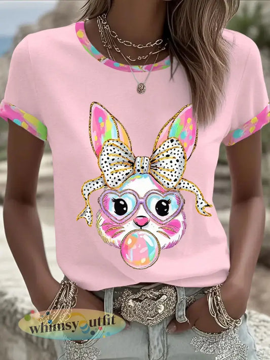 Dames schattige glitter paashaas Coquette T-shirt met korte mouwen - Roze / S