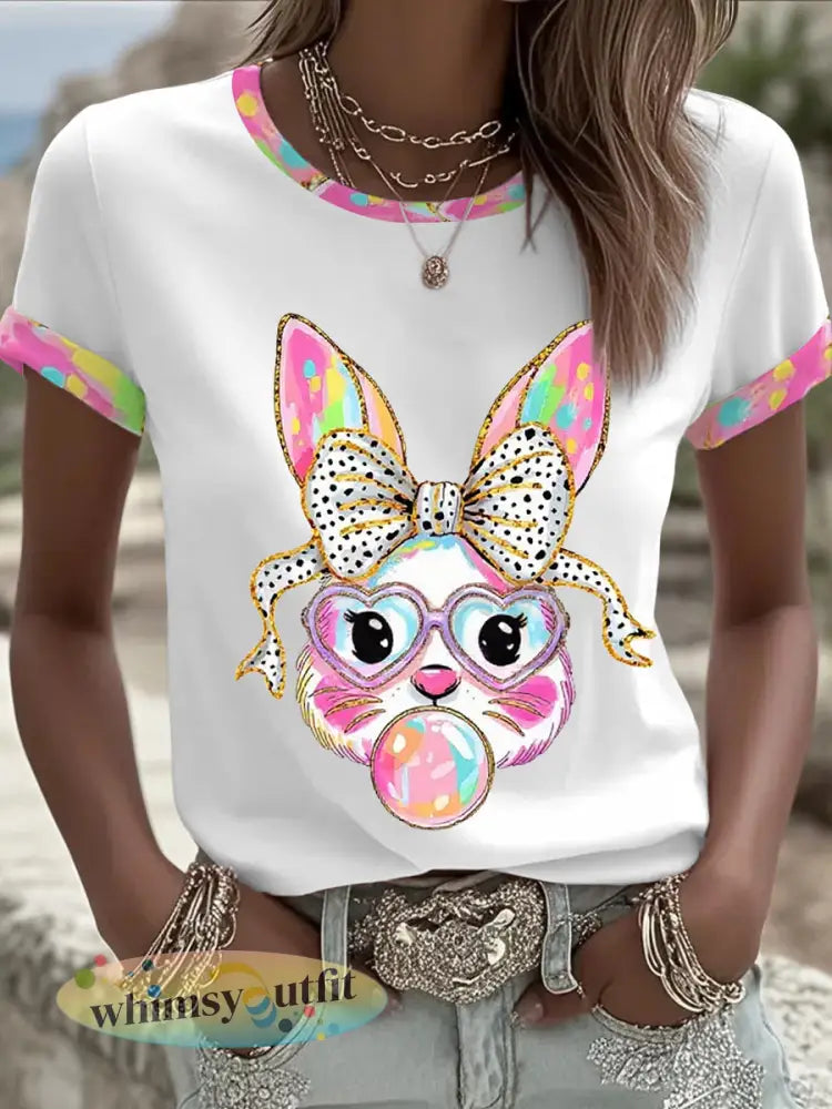 Dames schattige glitter paashaas Coquette T-shirt met korte mouwen - Wit / S