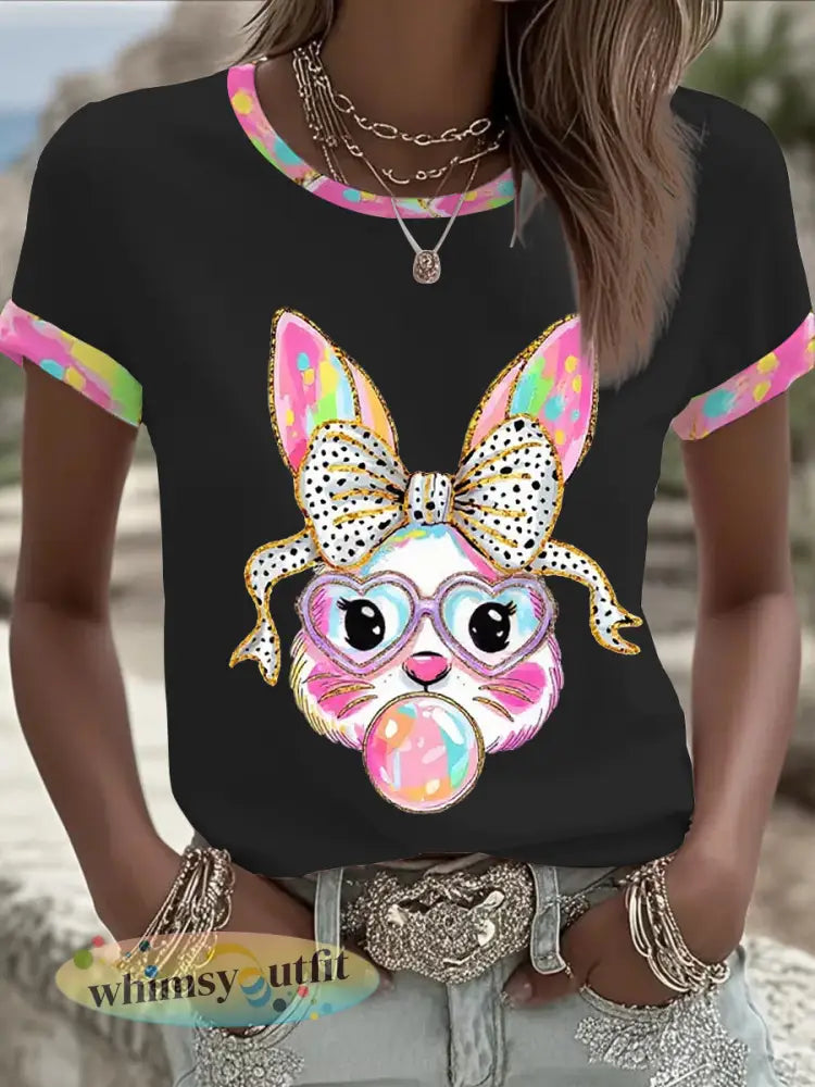 Dames schattige glitter paashaas Coquette T-shirt met korte mouwen - Zwart / S