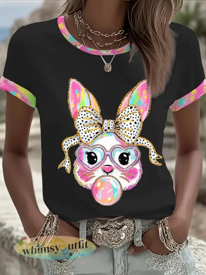 Dames schattige glitter paashaas Coquette T-shirt met korte mouwen - Zwart / S