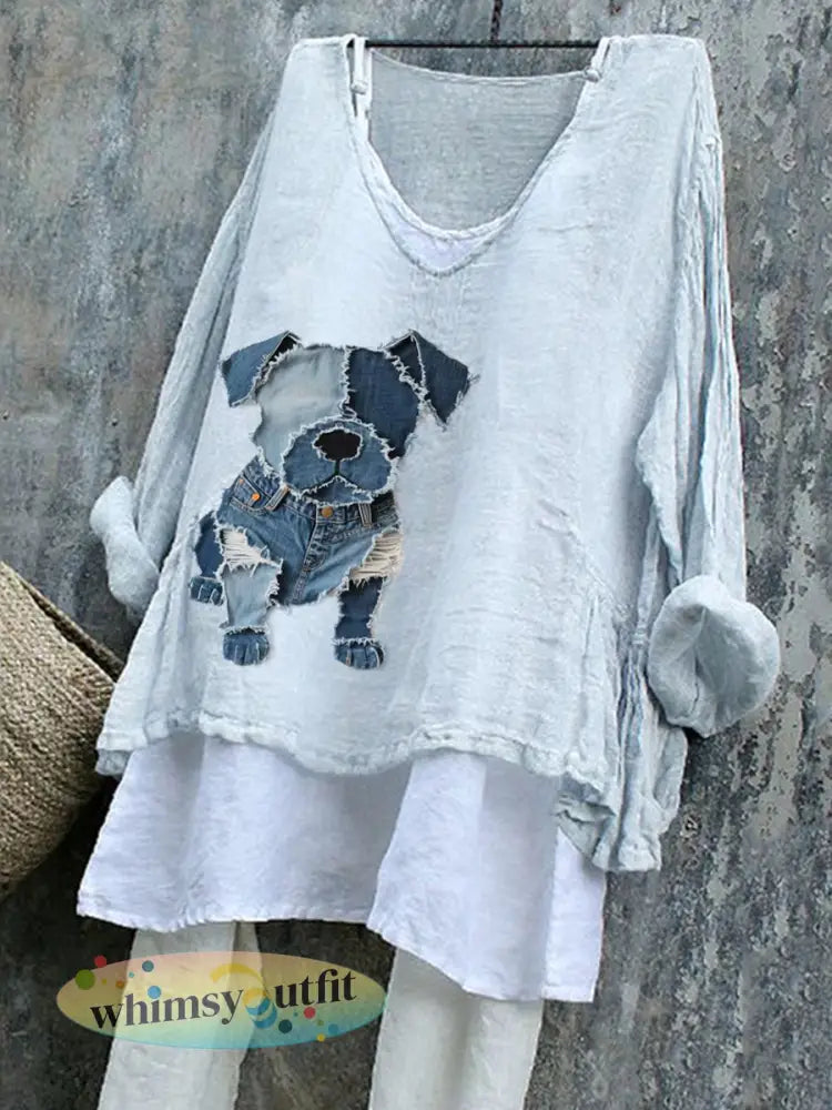 Dames schattige hond patroon patchwork kunst linnen shirt - Lichtblauw / S