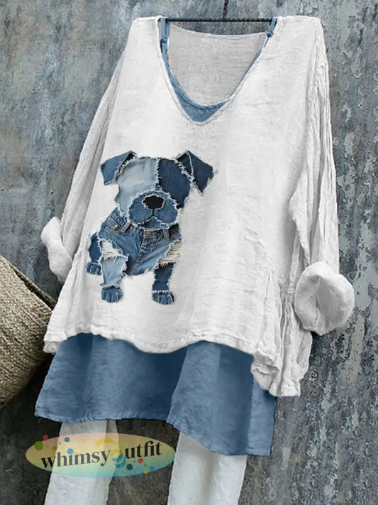 Dames schattige hond patroon patchwork kunst linnen shirt - Wit / S