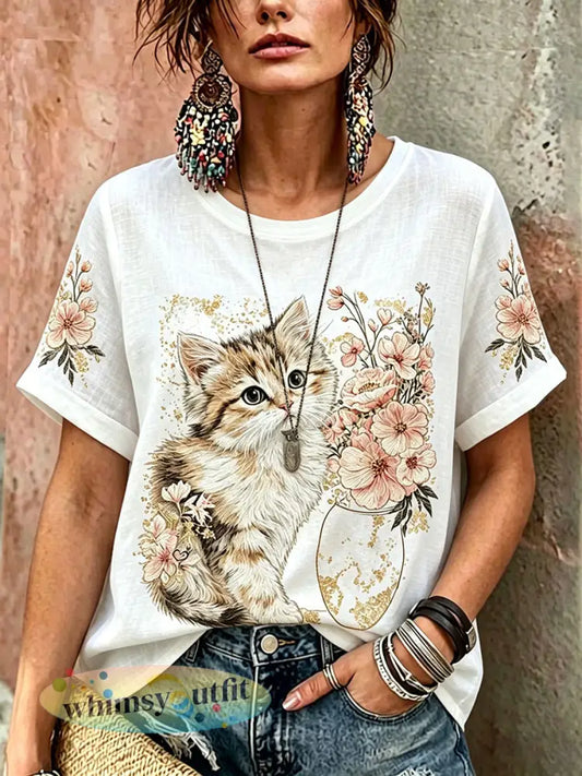 Dames schattige kat met bloemen casual linnen korte mouwen - Wit / S