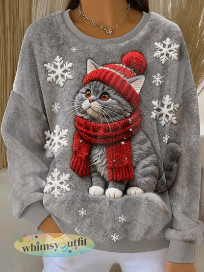 Dames schattige kerstkat kunstdruk casual flanellen hoodie - Grijs / S