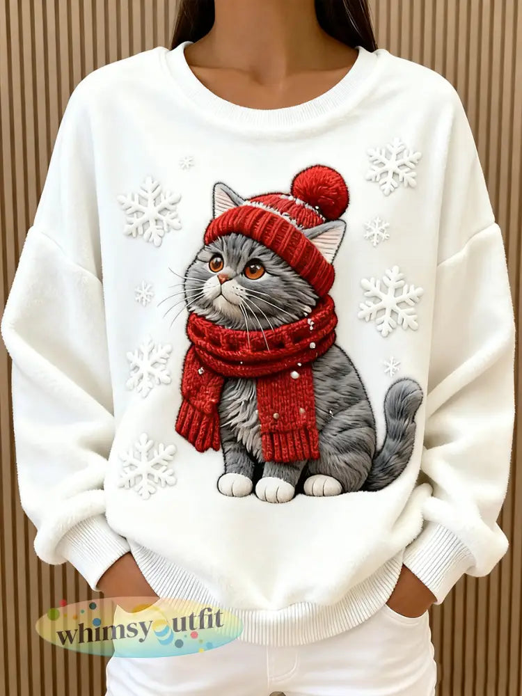Dames schattige kerstkat kunstdruk casual flanellen hoodie - Wit / S