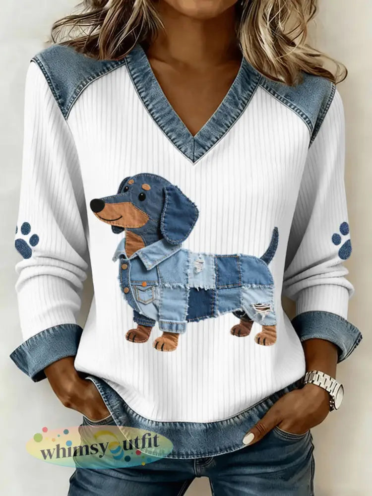 Dames schattige tekkel patroon denim patchwork kunst V-hals top - Wit / S