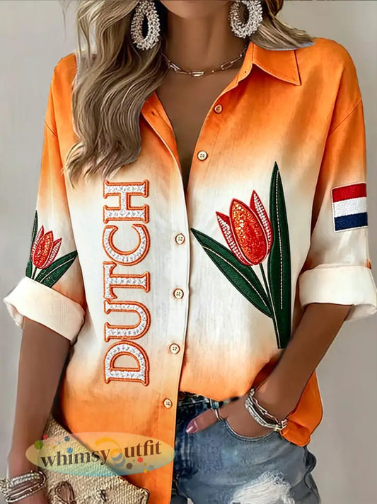 Dames shirt met gradiëntprint van Hollandse tulpen casual mode - Oranje wit / S