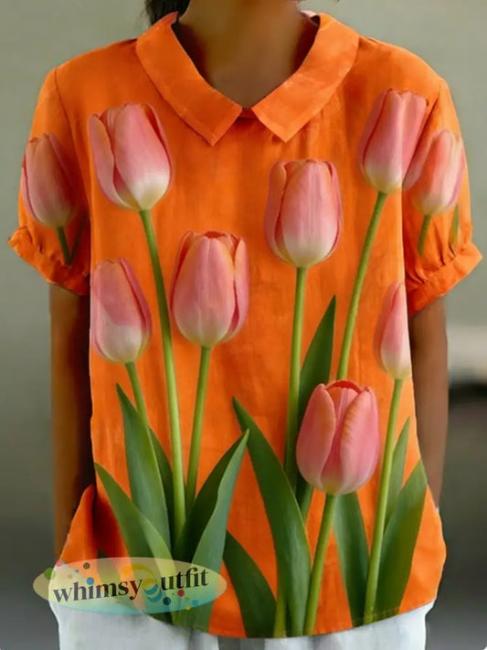 Dames shirt met korte mouwen van katoen en linnen met bloemenprint - Sinaasappel / S