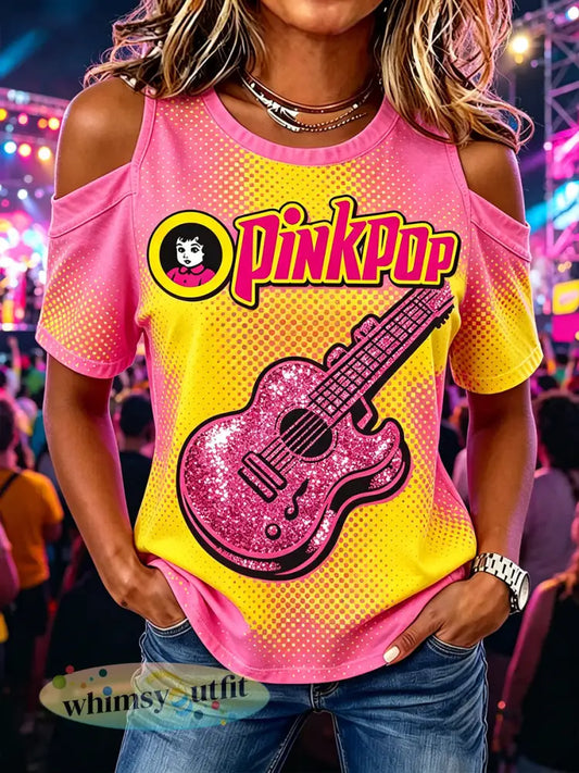 Dames T-shirt in popartstijl met roze Popppop-print en schouderloos model - A / S