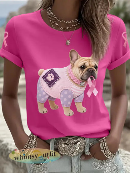 Dames T-shirt in roze met hond en roze lint ter ondersteuning van borstkankerbewustzijn - Rose Rood / S
