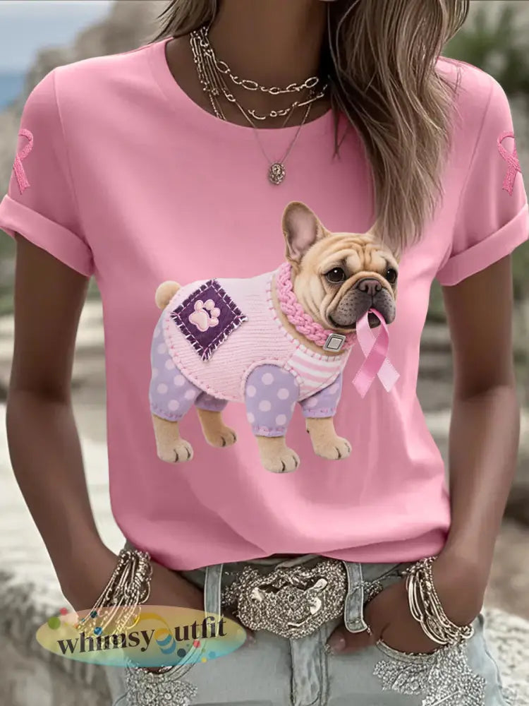 Dames T-shirt in roze met hond en roze lint ter ondersteuning van borstkankerbewustzijn - Roze / S