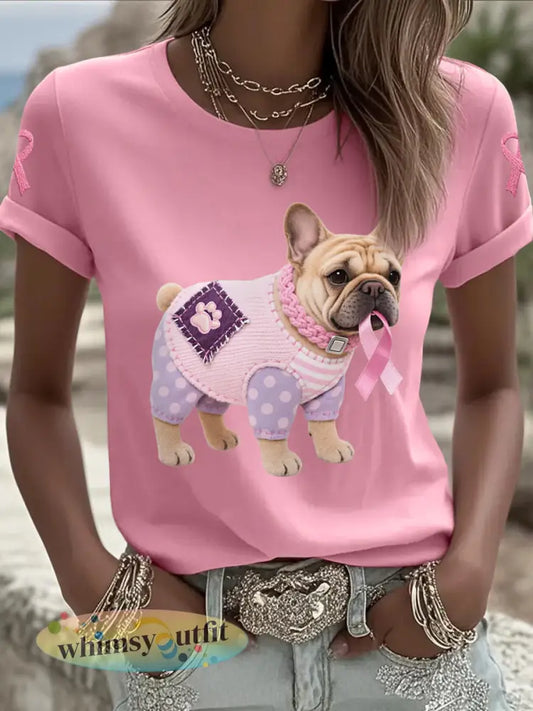 Dames T-shirt in roze met hond en roze lint ter ondersteuning van borstkankerbewustzijn - Roze / S