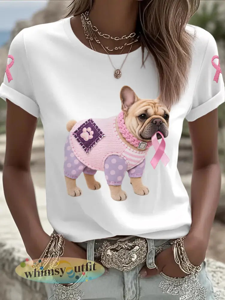 Dames T-shirt in roze met hond en roze lint ter ondersteuning van borstkankerbewustzijn - Wit / S