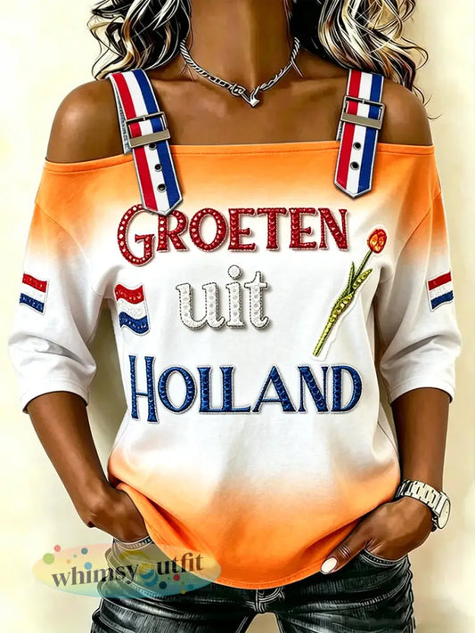 Dames T-shirt met 3D-geprint vlag van Nederland casual strapless - Oranje wit / S