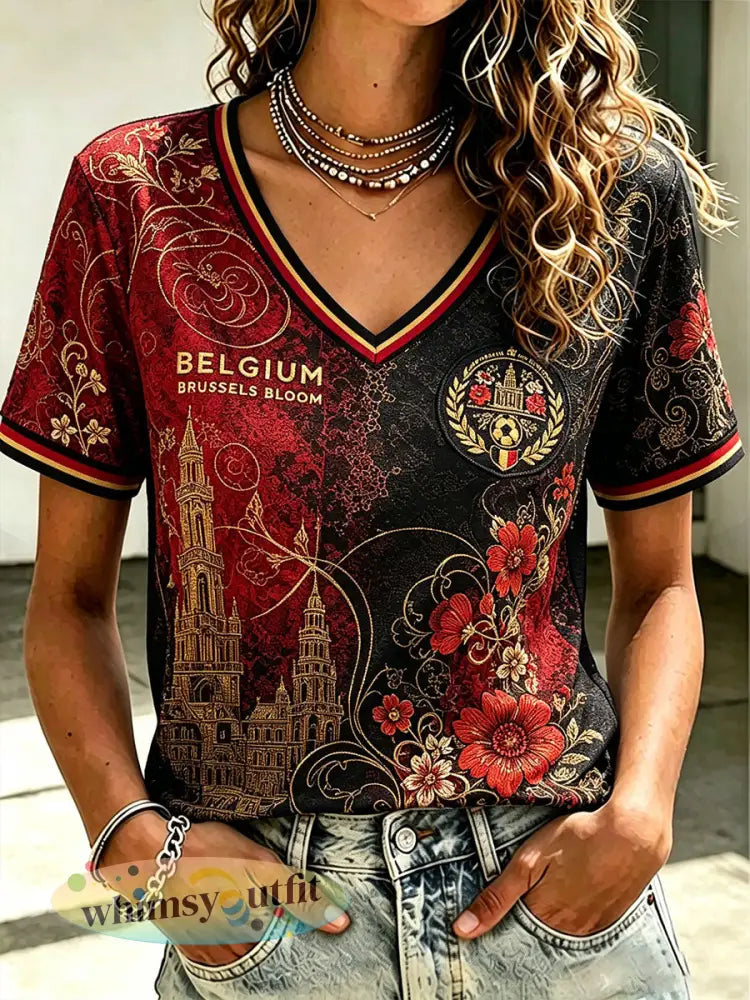 Dames T-shirt met Belgische voetbal- liefdes- en prideprint - als foto / S