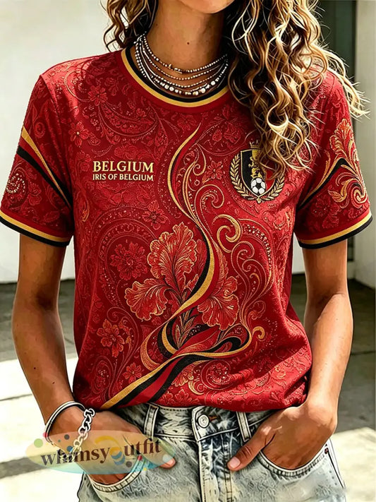 Dames T-shirt met Belgische voetbal- liefdes- en prideprint - Rood / S