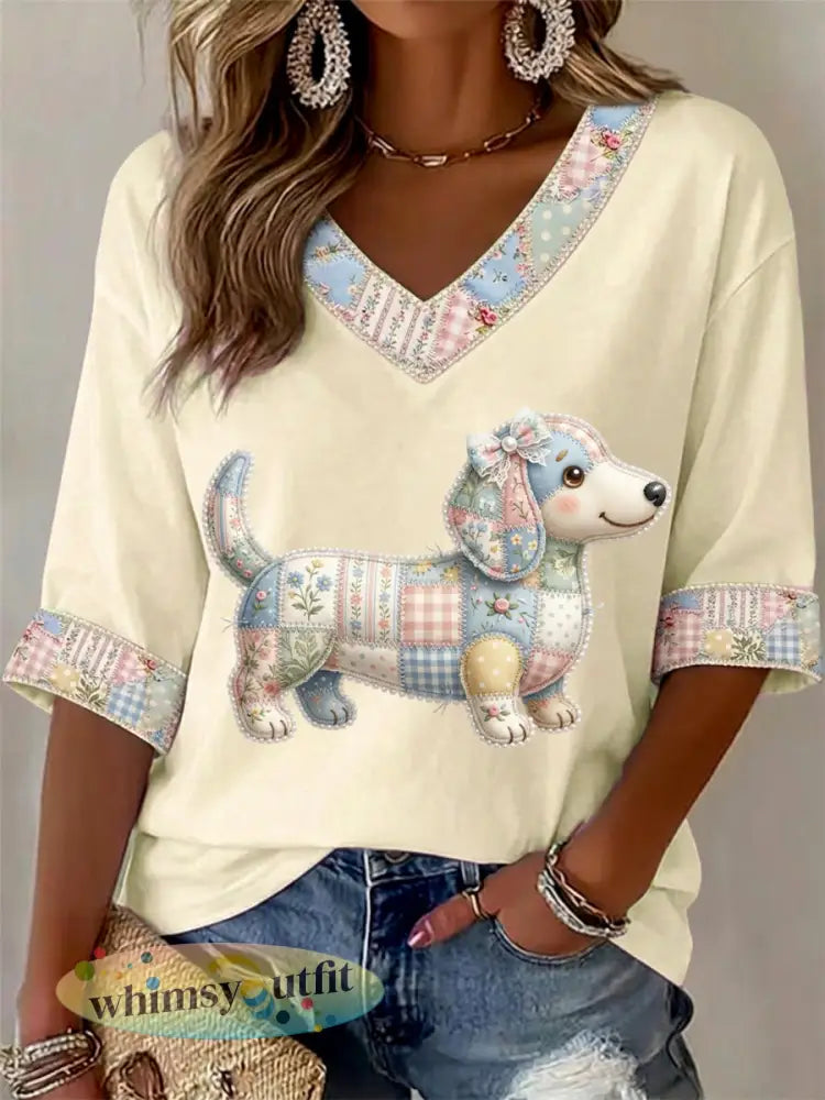 Dames T-shirt met bloemen- en hondendessin v-hals casual - Beige / S