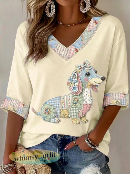 Dames T-shirt met bloemen- en hondendessin v-hals casual - Beige / S