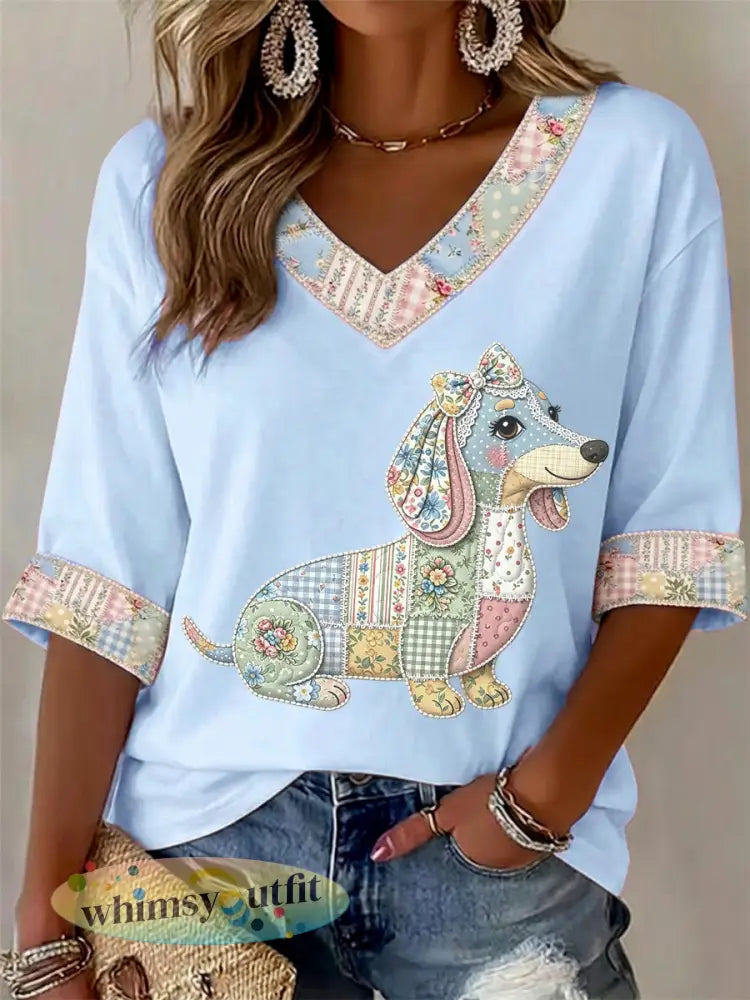 Dames T-shirt met bloemen- en hondendessin v-hals casual - Lichtblauw / S