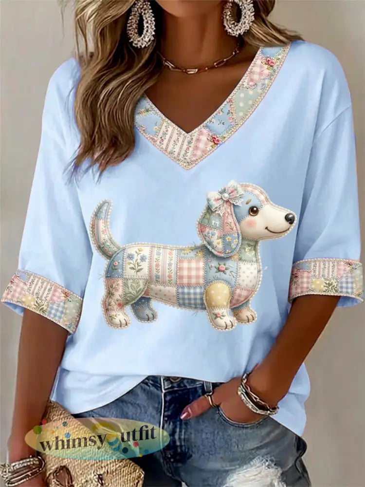 Dames T-shirt met bloemen- en hondendessin v-hals casual - Lichtblauw / S