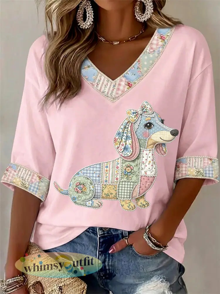 Dames T-shirt met bloemen- en hondendessin v-hals casual - Roze / S