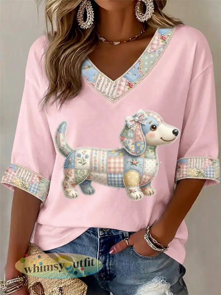Dames T-shirt met bloemen- en hondendessin v-hals casual - Roze / S