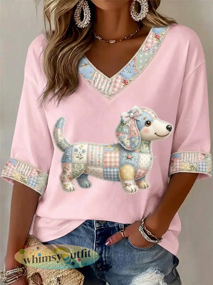 Dames T-shirt met bloemen- en hondendessin v-hals casual - Roze / S