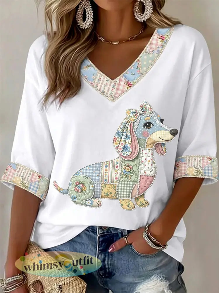 Dames T-shirt met bloemen- en hondendessin v-hals casual - Wit / S