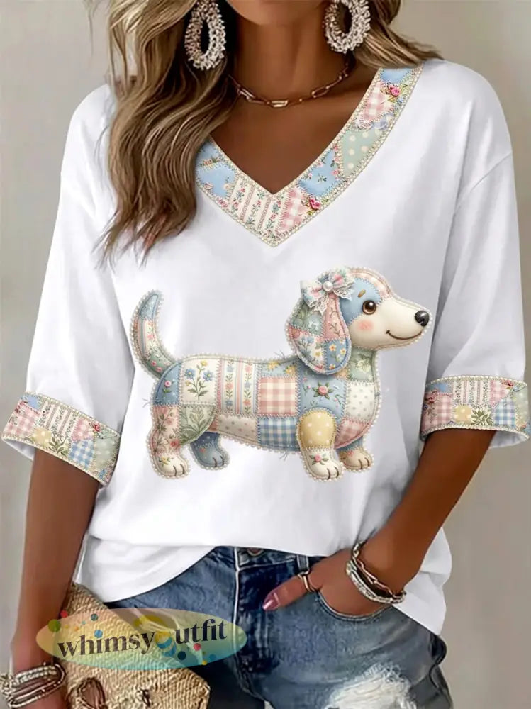 Dames T-shirt met bloemen- en hondendessin v-hals casual - Wit / S