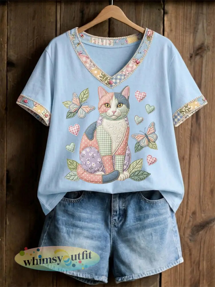 Dames T-shirt met bloemen- en kattenprint vrijetijdssnede V-hals - Lichtblauw / S