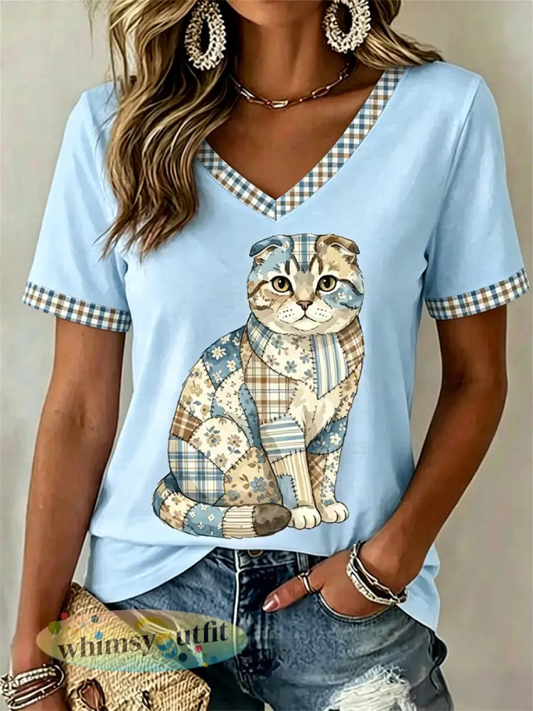 Dames T-shirt met bloemen- en kattenprint vrijetijdssnede V-hals - Lichtblauw / S