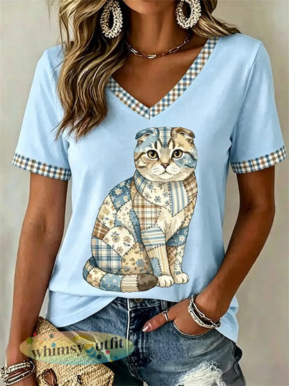 Dames T-shirt met bloemen- en kattenprint vrijetijdssnede V-hals - Lichtblauw / S