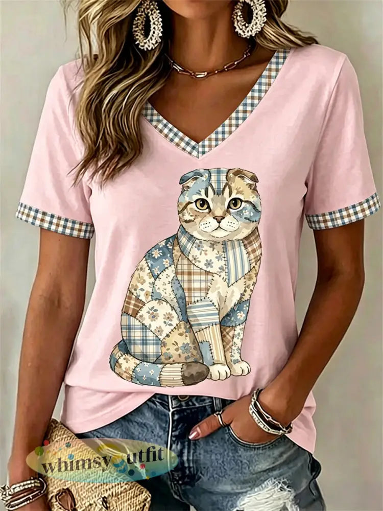 Dames T-shirt met bloemen- en kattenprint vrijetijdssnede V-hals - Roze / S