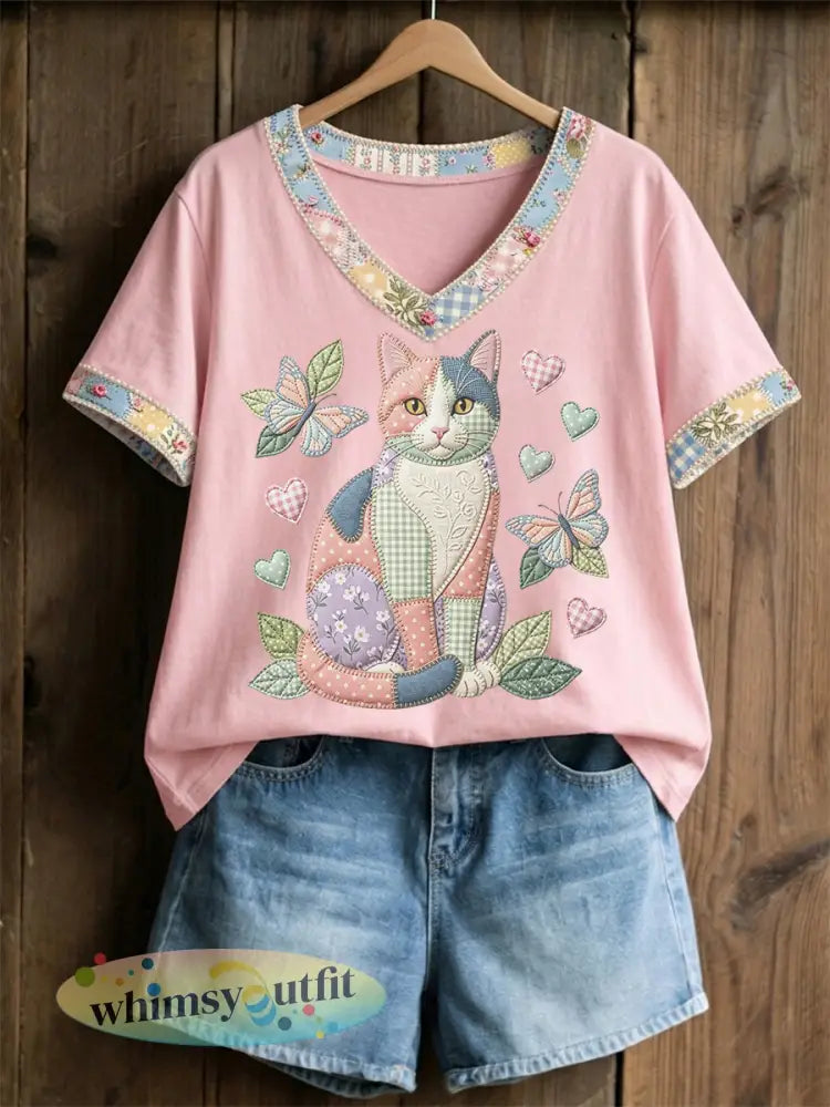 Dames T-shirt met bloemen- en kattenprint vrijetijdssnede V-hals - Roze / S