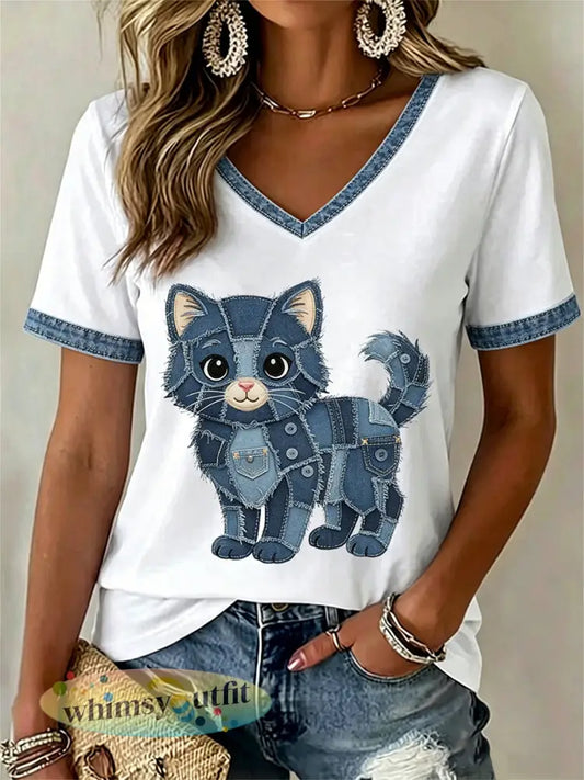 Dames T-shirt met bloemen- en kattenprint vrijetijdssnede V-hals - Wit / S