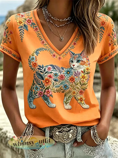 Dames T-shirt met bloemen- en kattenprint vrijetijdsstijl V-hals - Oranje
