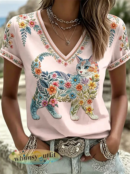 Dames T-shirt met bloemen- en kattenprint vrijetijdsstijl V-hals - Roze