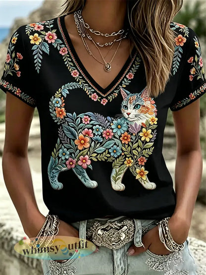 Dames T-shirt met bloemen- en kattenprint vrijetijdsstijl V-hals - Zwart
