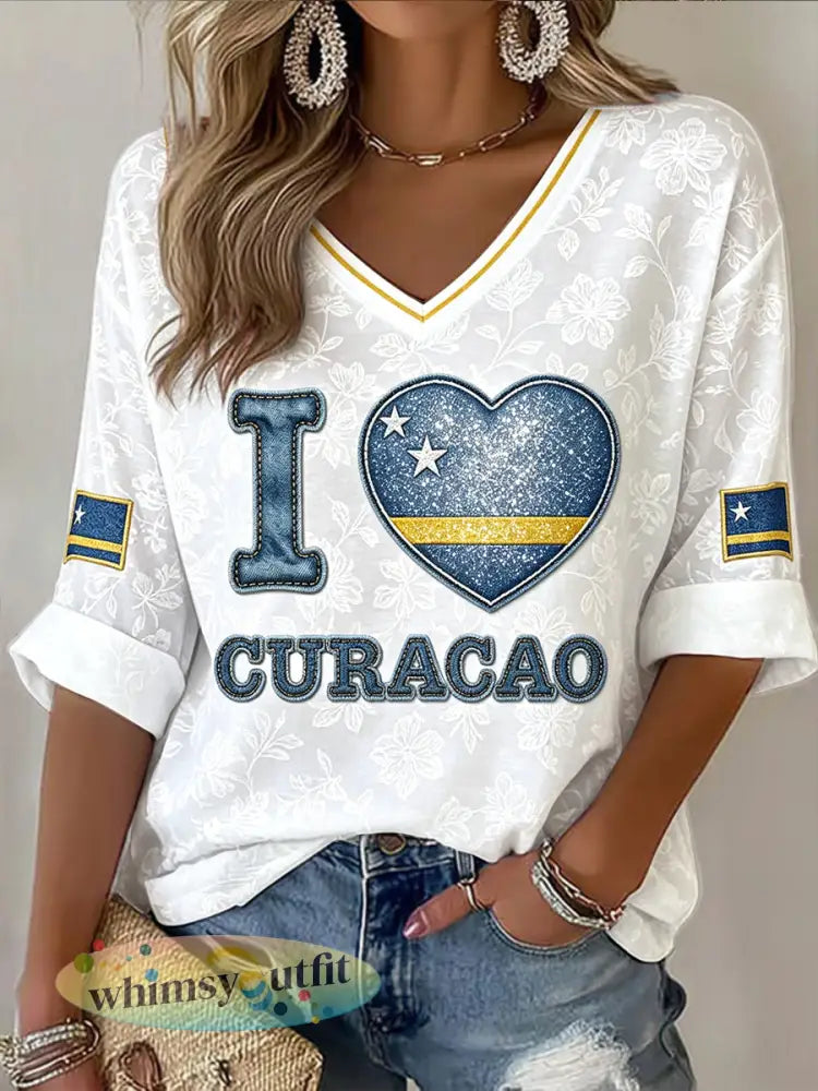 Dames T-shirt met bloemenprint in de kleuren van de Curaçaose vlag wit met V-hals casual - Wit / S