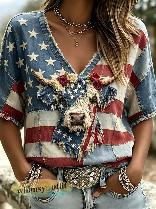 Dames T-shirt met dierenborduurwerk en opdruk voor Onafhankelijkheidsdag - als foto / S