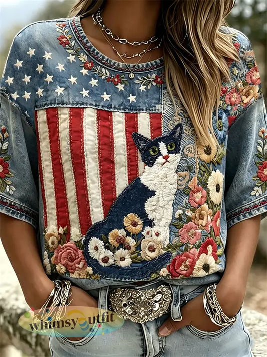 Dames T-shirt met dierenborduurwerk en opdruk voor Onafhankelijkheidsdag - als foto / S