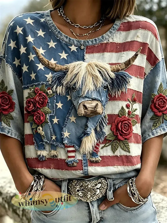 Dames T-shirt met dierenborduurwerk en opdruk voor Onafhankelijkheidsdag - als foto / S