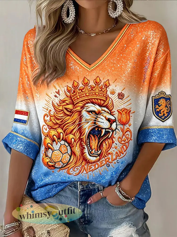 Dames T-shirt met Dutch Football Lions-gradiëntprint en v-hals casual stijl - Sinaasappel / S