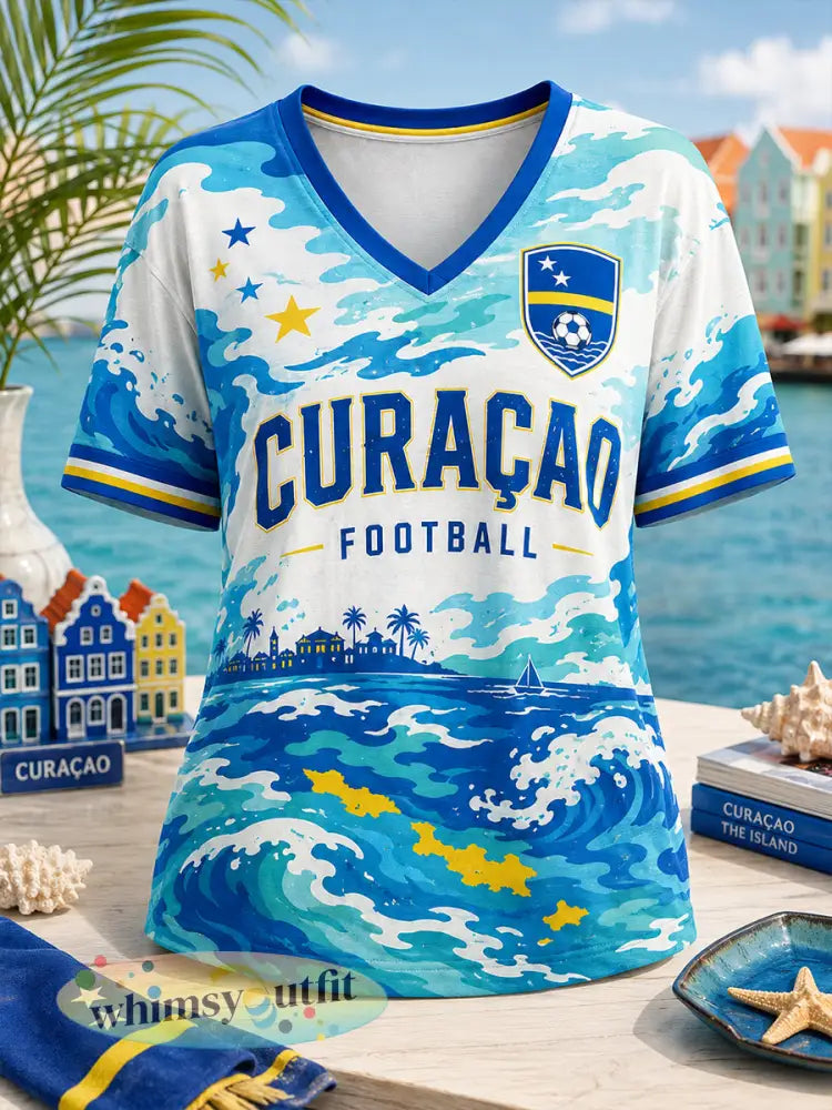 Dames-T-shirt met eilandvoetbalthema V-hals en korte mouwen - A / S
