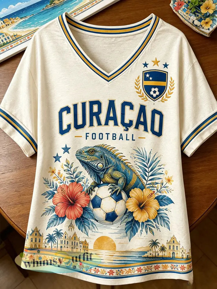 Dames-T-shirt met eilandvoetbalthema V-hals en korte mouwen - A / S